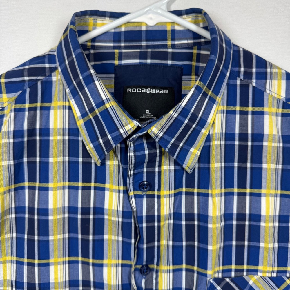 Rocawear XL Mens Button Down Short Sleeve Plaid Shirt Blue Yellow